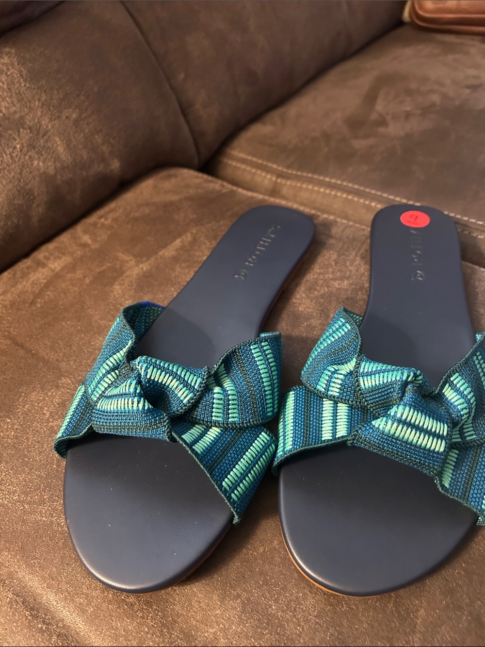Rothy's Navy Slide Sandals with Teal and Green Striped Bow